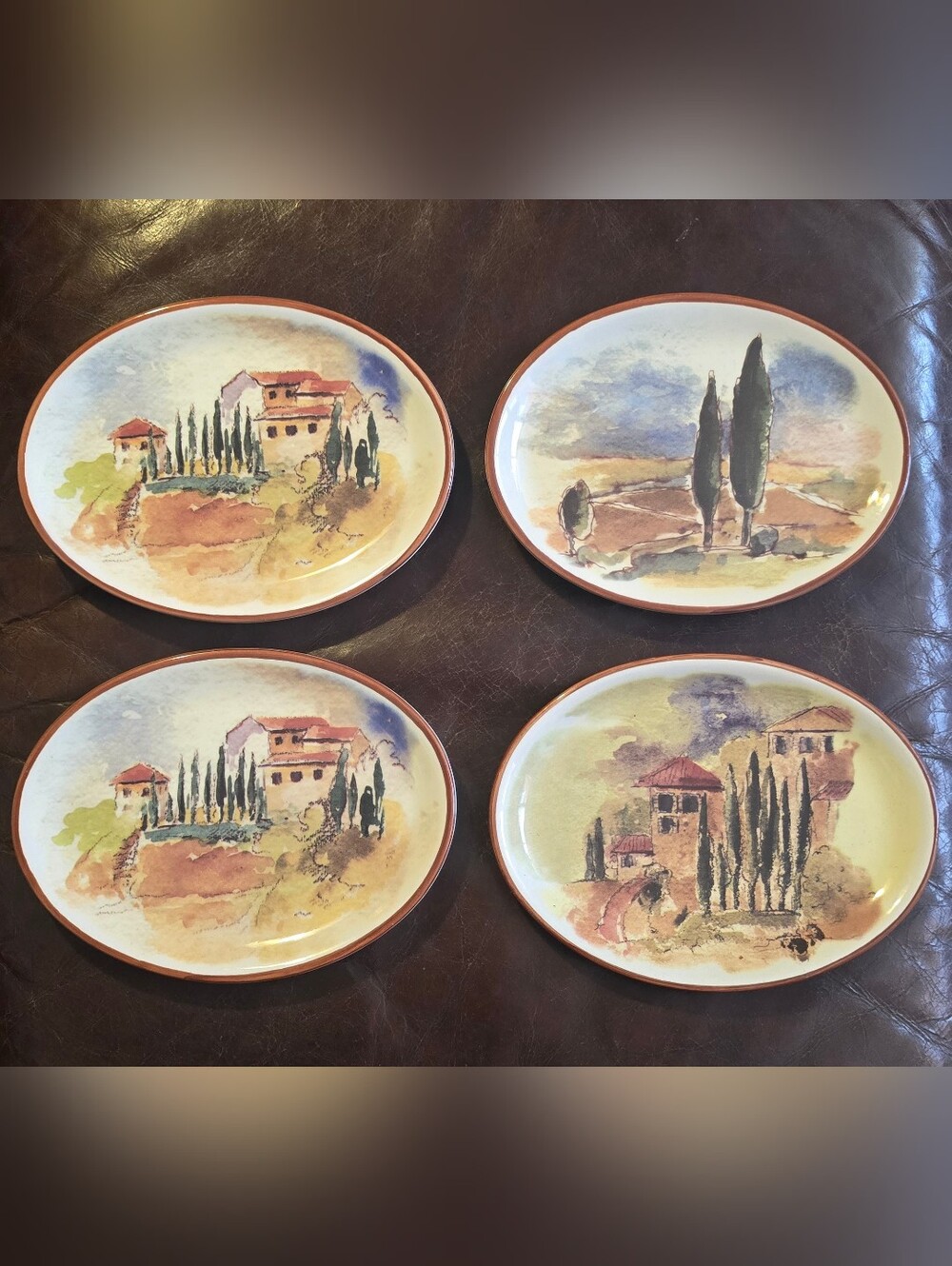 William Sonoma Set of 4  Tuscan Landscape Decorative Plates - Earthy Tones